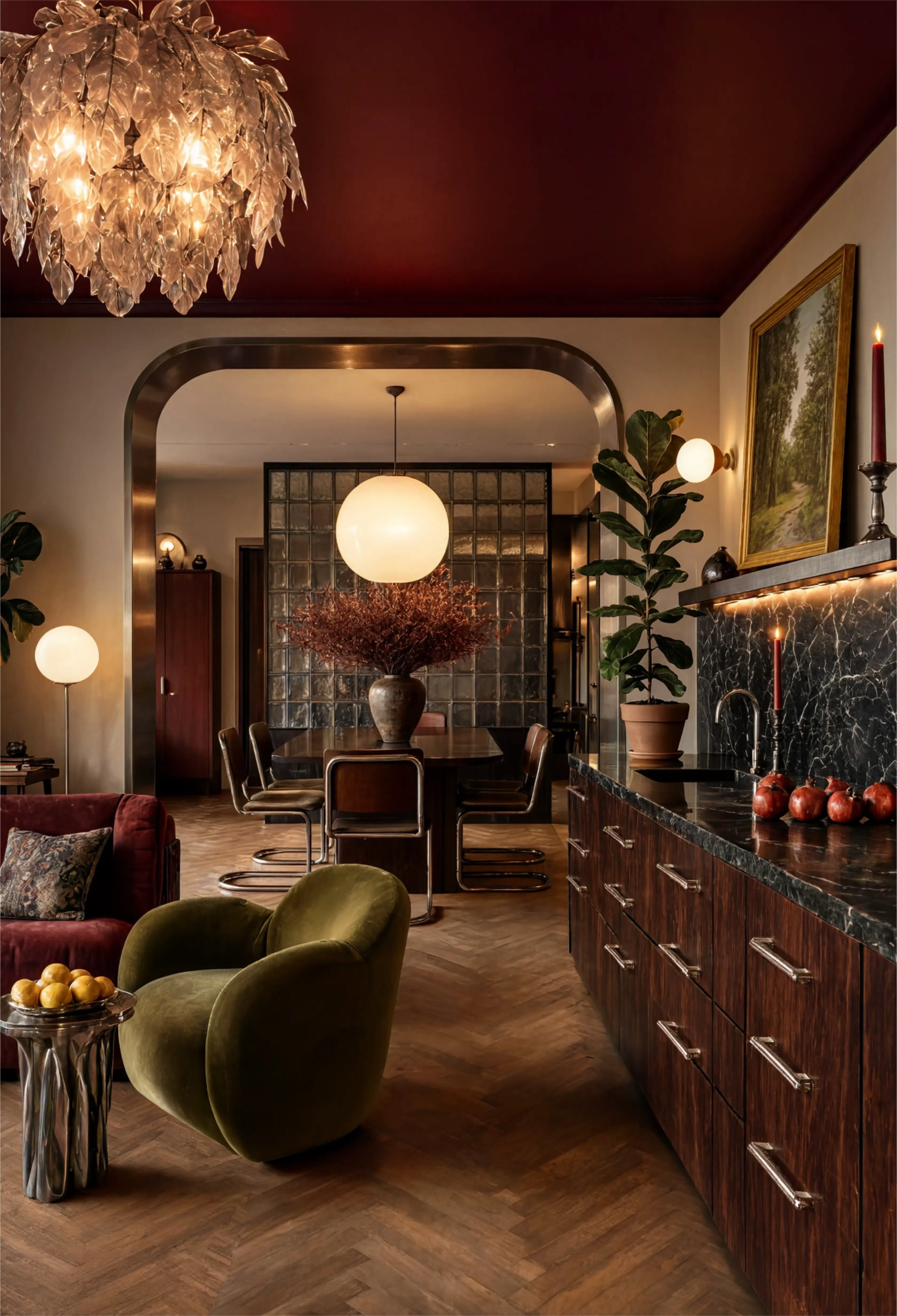 A lamplit room with a dark red ceiling, an arched opening, and a long table beyond.