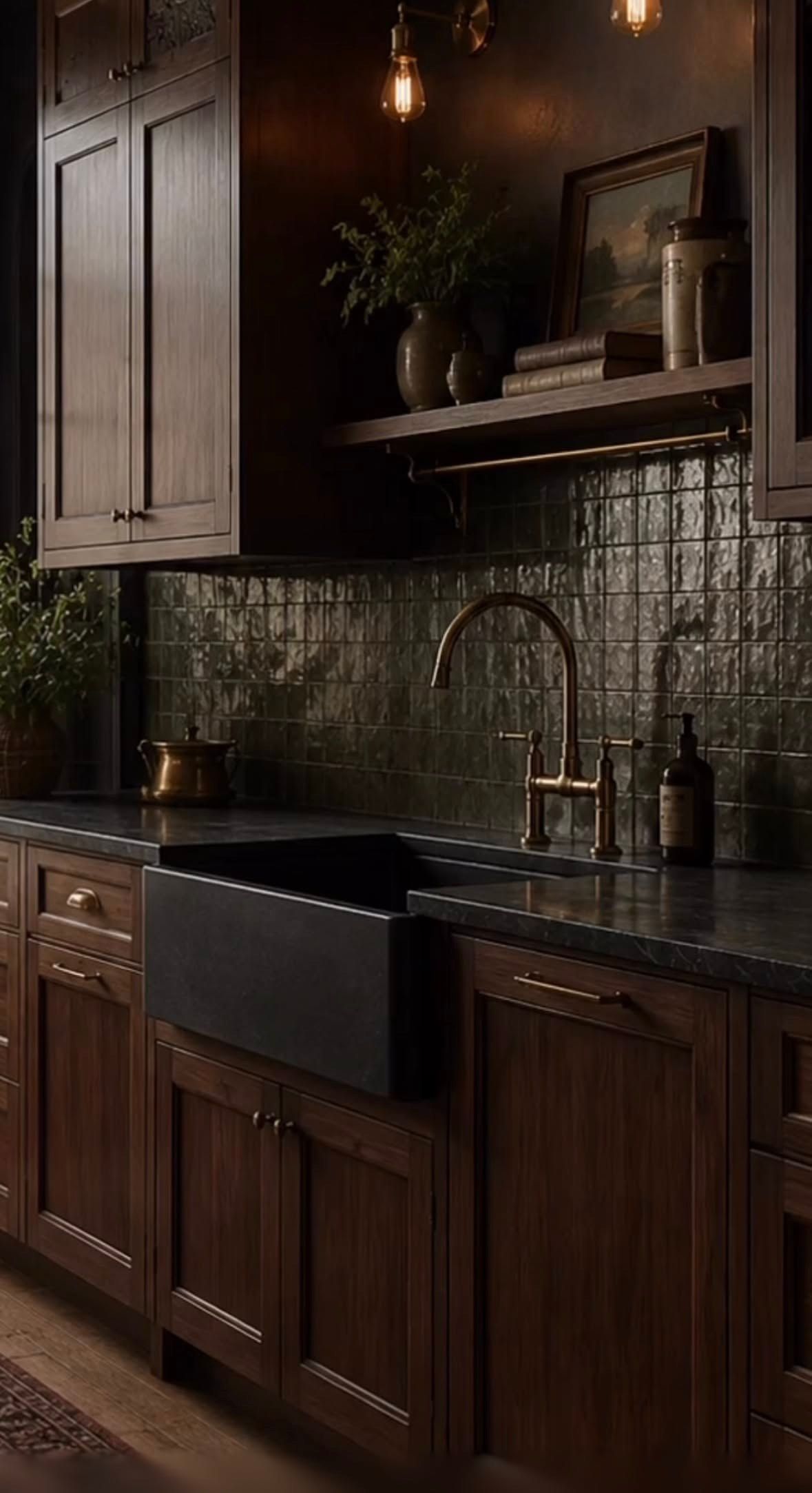 A dark wood kitchen sink, a brass bridge tap, and green tile under a warm lamp.
