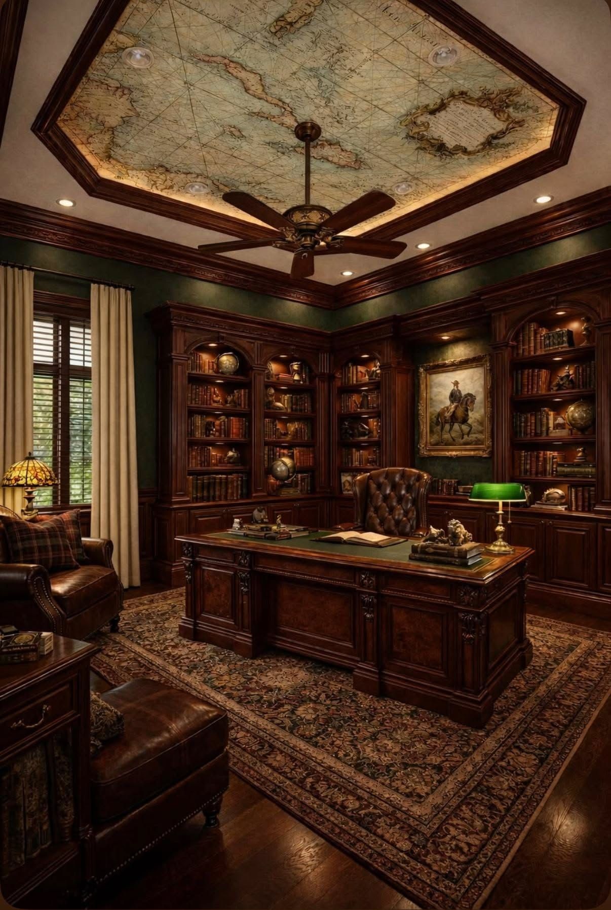 A wood study with floor-to-ceiling shelves, a leather chair, and a green-shaded lamp.