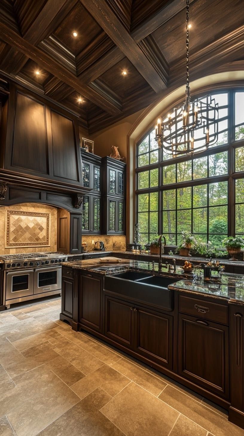 A dark wood kitchen under a coffered ceiling, with a tall black-muntin window and a chandelier lit.