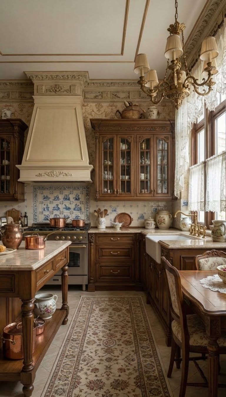 A kitchen with a plaster cornice, wood cabinets with glass doors, a farmhouse sink, and a brass chandelier.