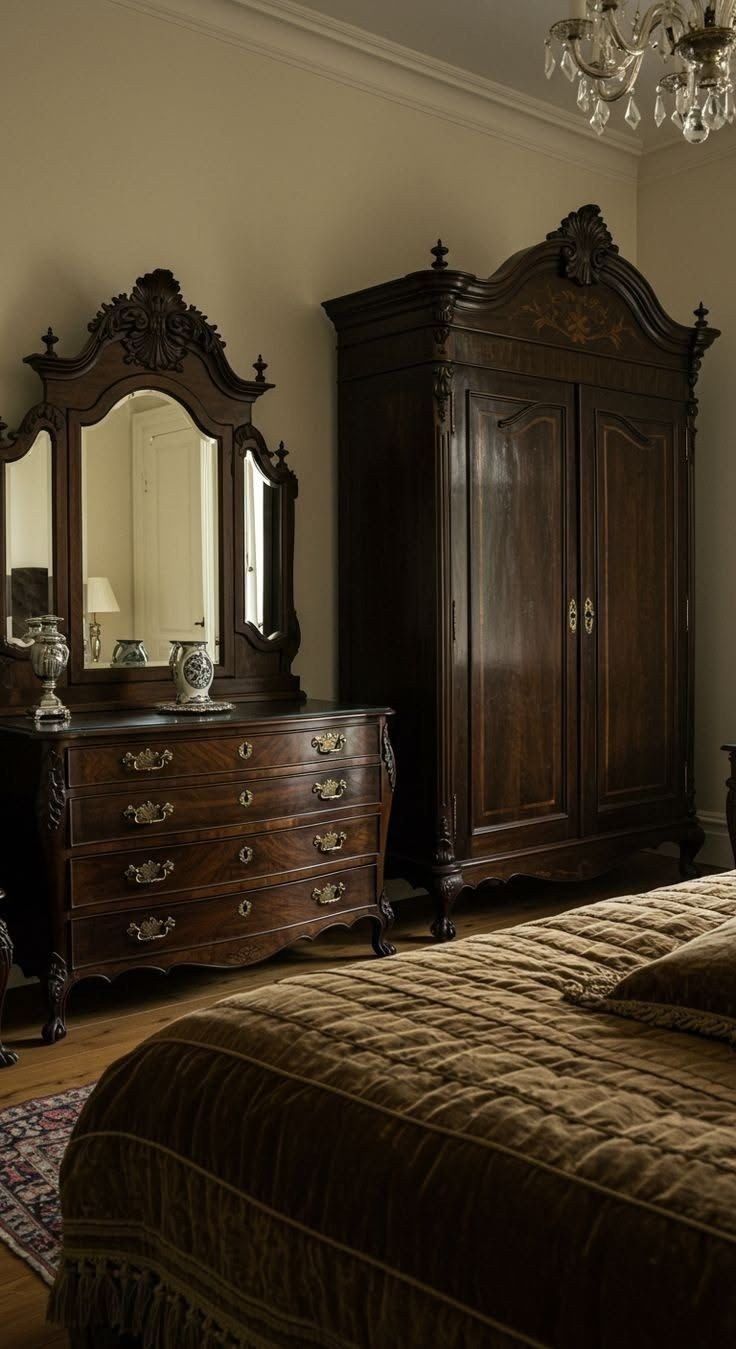 A bedroom with plaster walls, a walnut armoire, a carved dresser, and an oak floor.