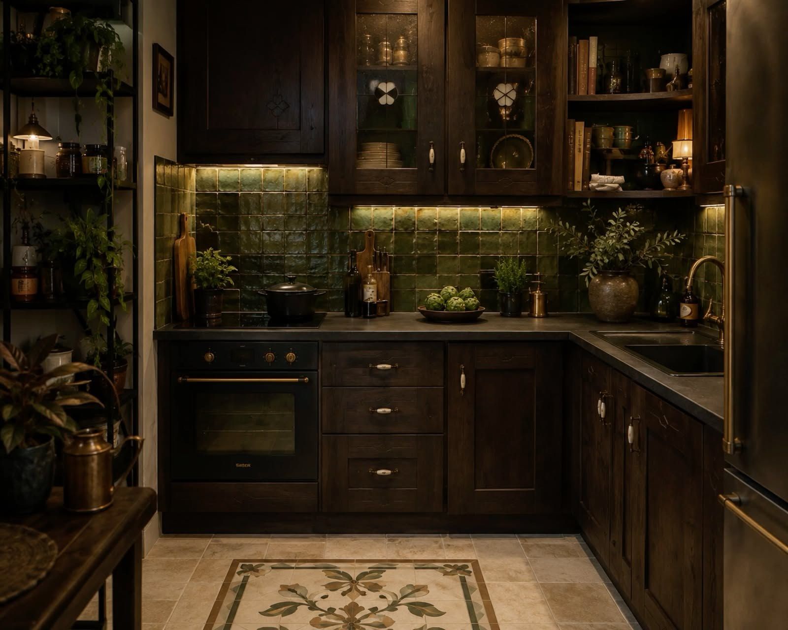A dark wood kitchen with green tile, a stone floor, and one lit lamp.