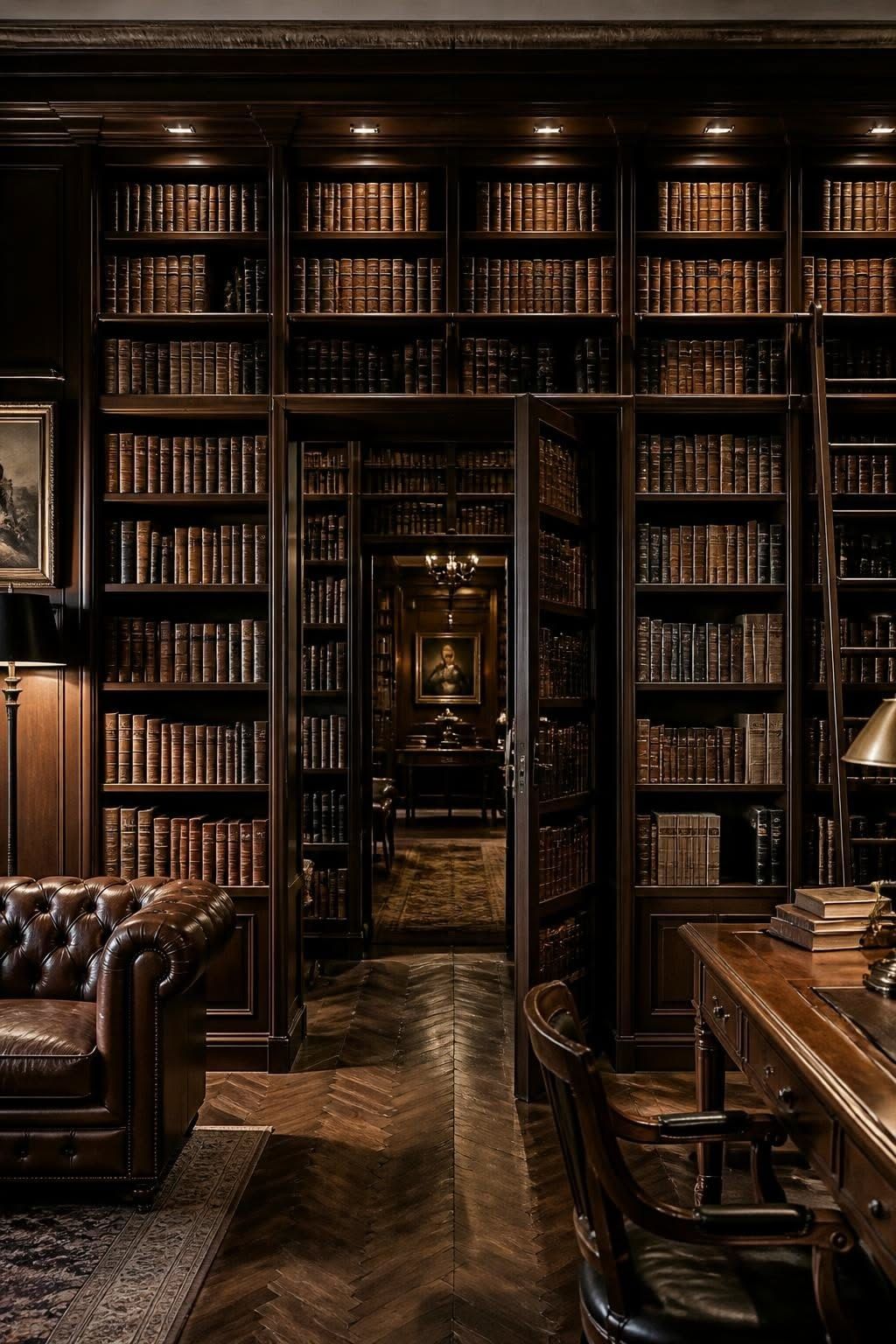 A paneled library with open bookcase doors, a desk lamp, and a herringbone floor.