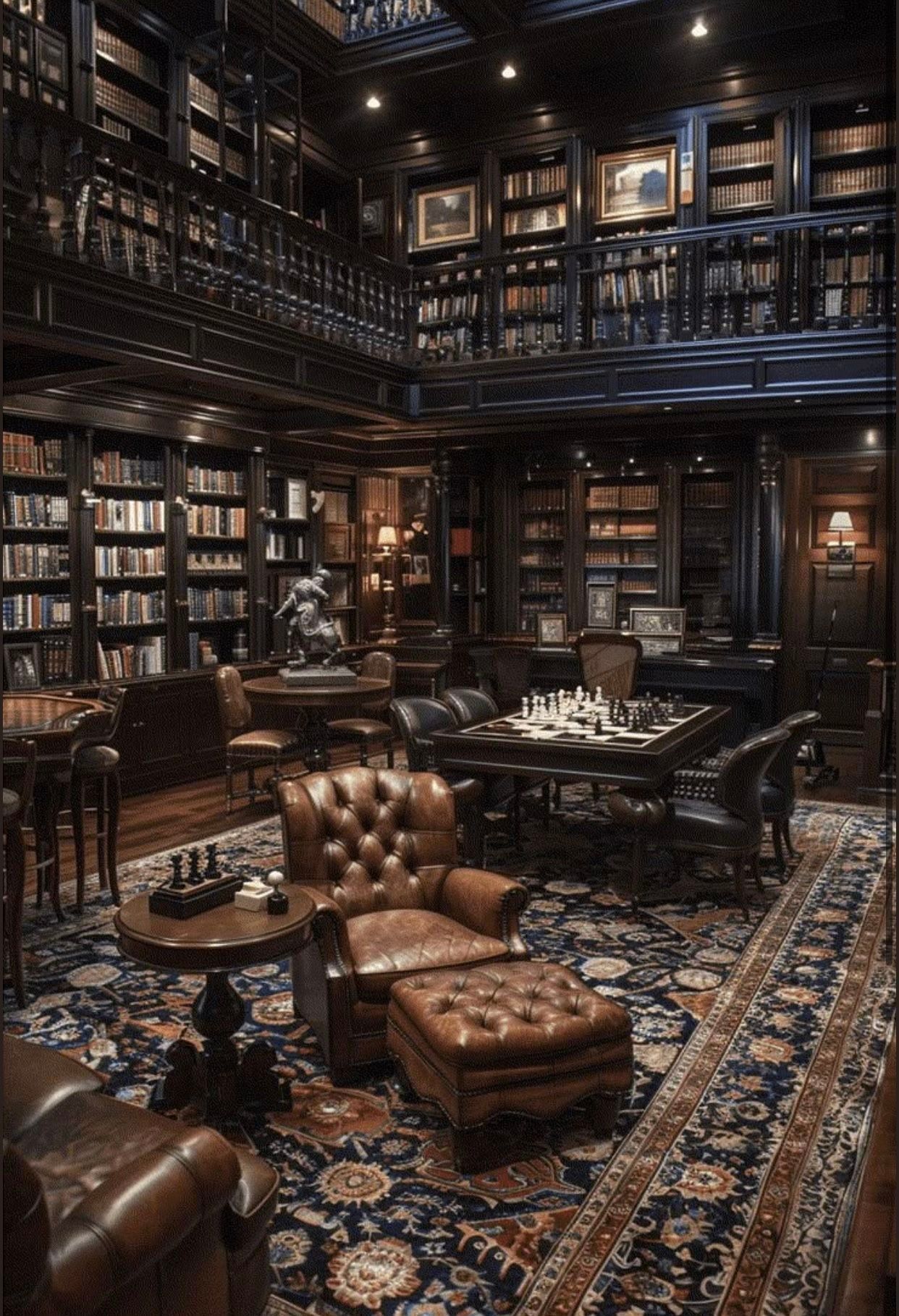 A two-storey library with a balcony of shelves, leather chairs, and a chess table.