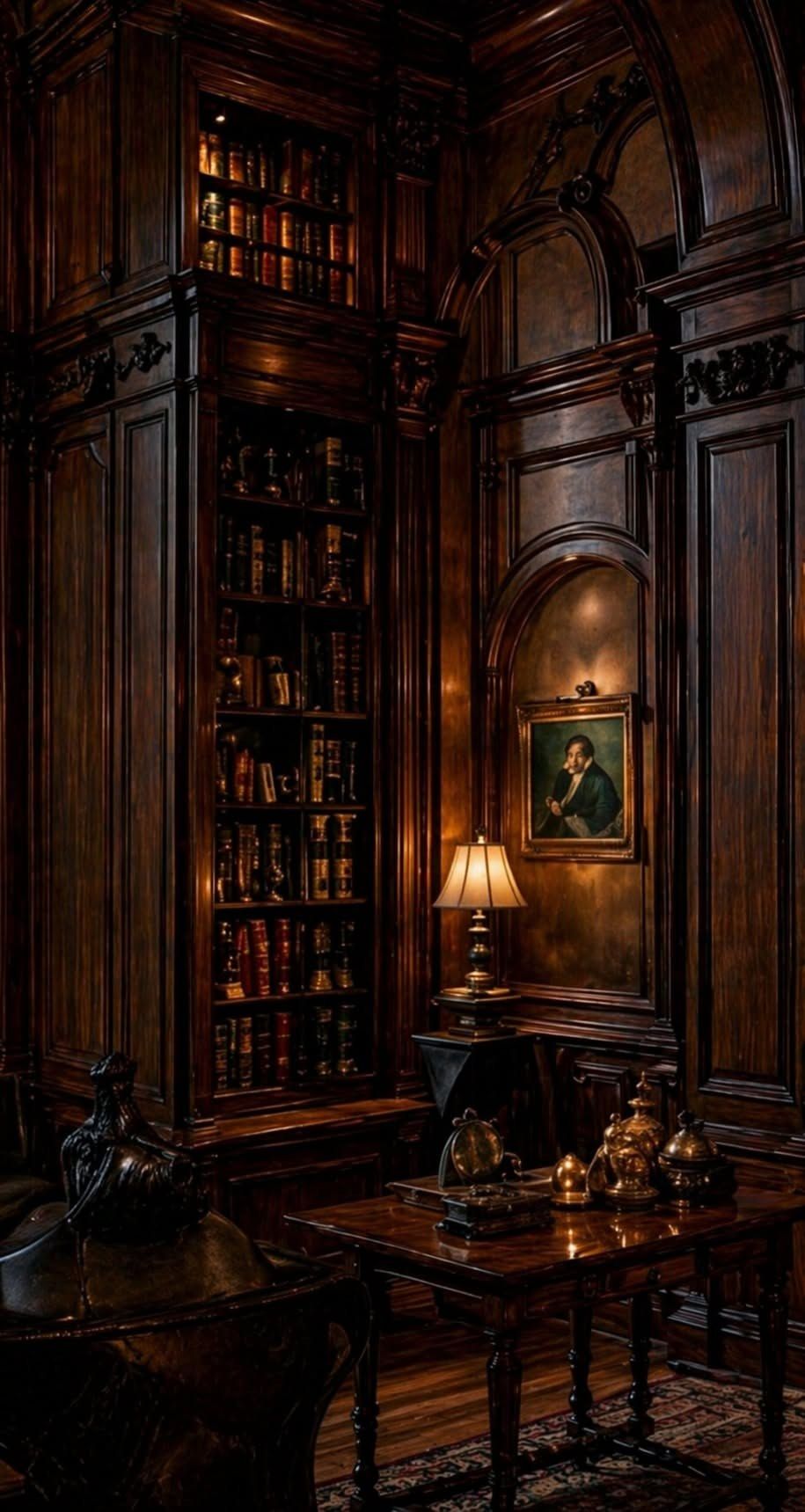 Dark oak paneling, a shaded lamp, and an arched niche.