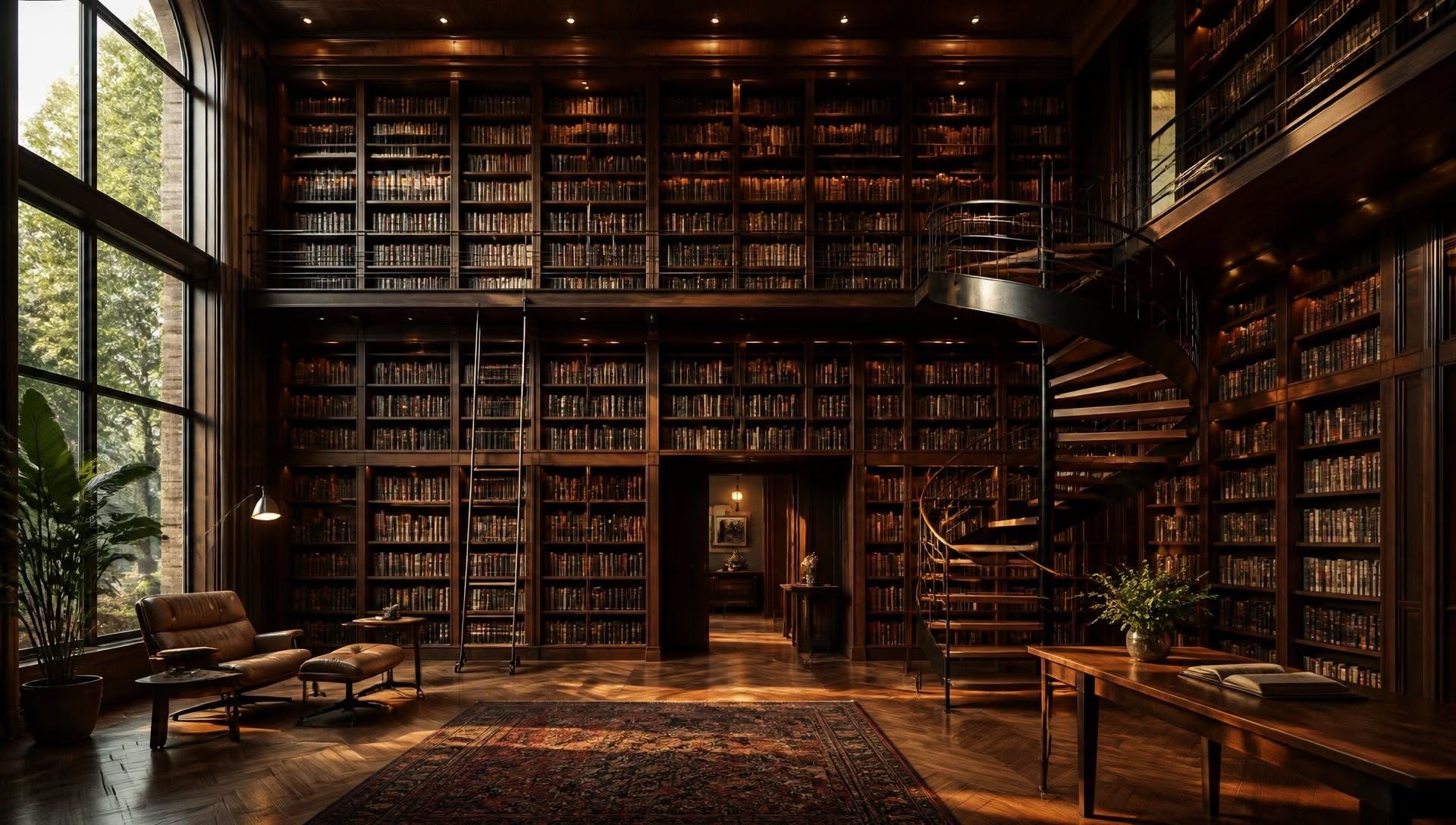 A double-height library at dusk, a spiral stair, and one lamp by the window.