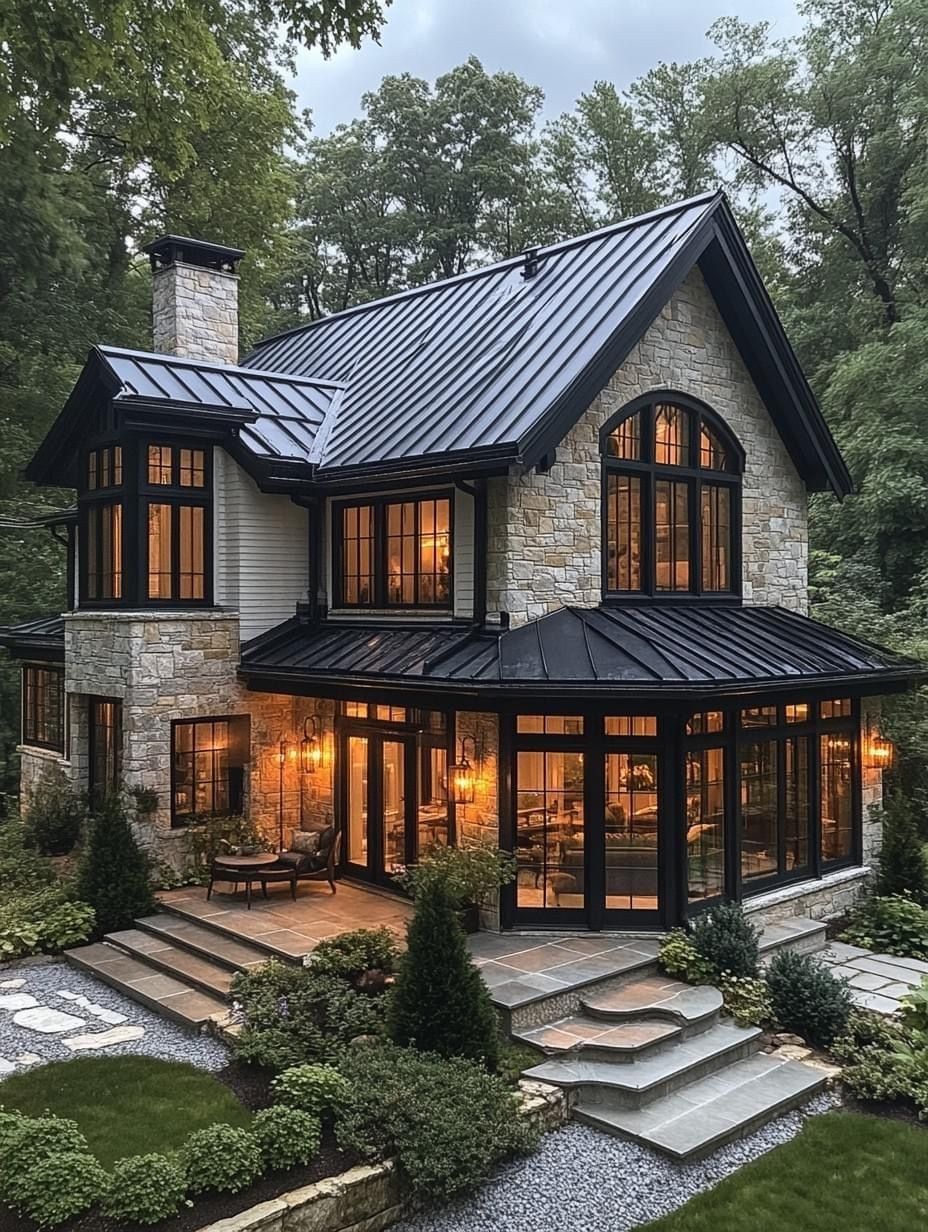 A stone house at dusk, windows lit, under a dark roof and tall trees.