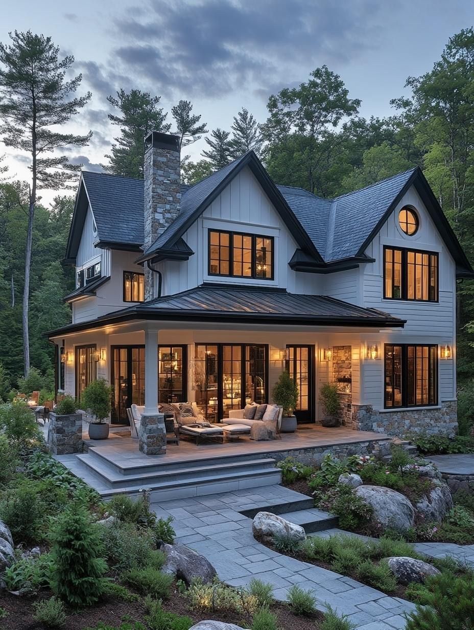 A gabled house at dusk, windows lit, with a stone chimney and a deep porch.
