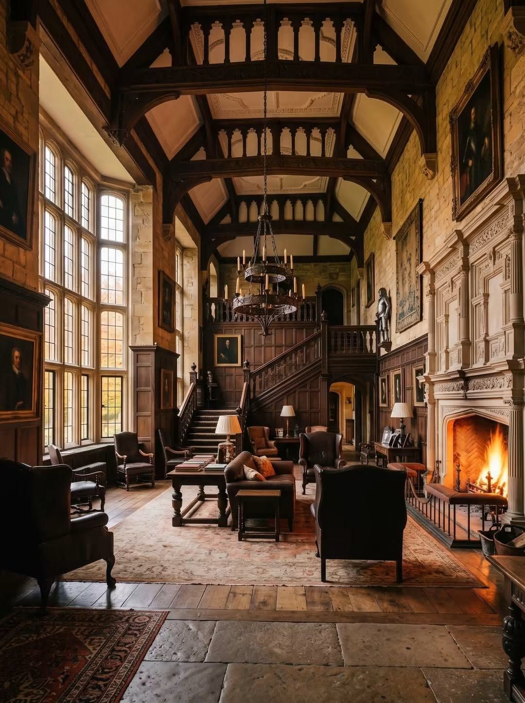 A tall oak hall with a carved stair, a stone floor, leaded windows, and a fire lit in an ornate surround.