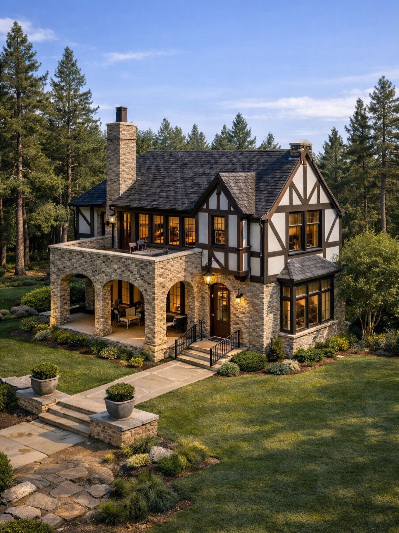 A stone and half-timber Tudor house with a porch wing, a tall chimney, and warm light in the windows.